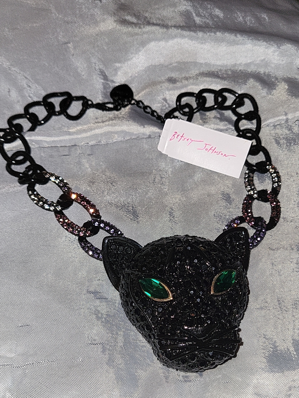 Betsey Johnson Black Crystal Panther Necklace with Green Eye Accents Bnwt